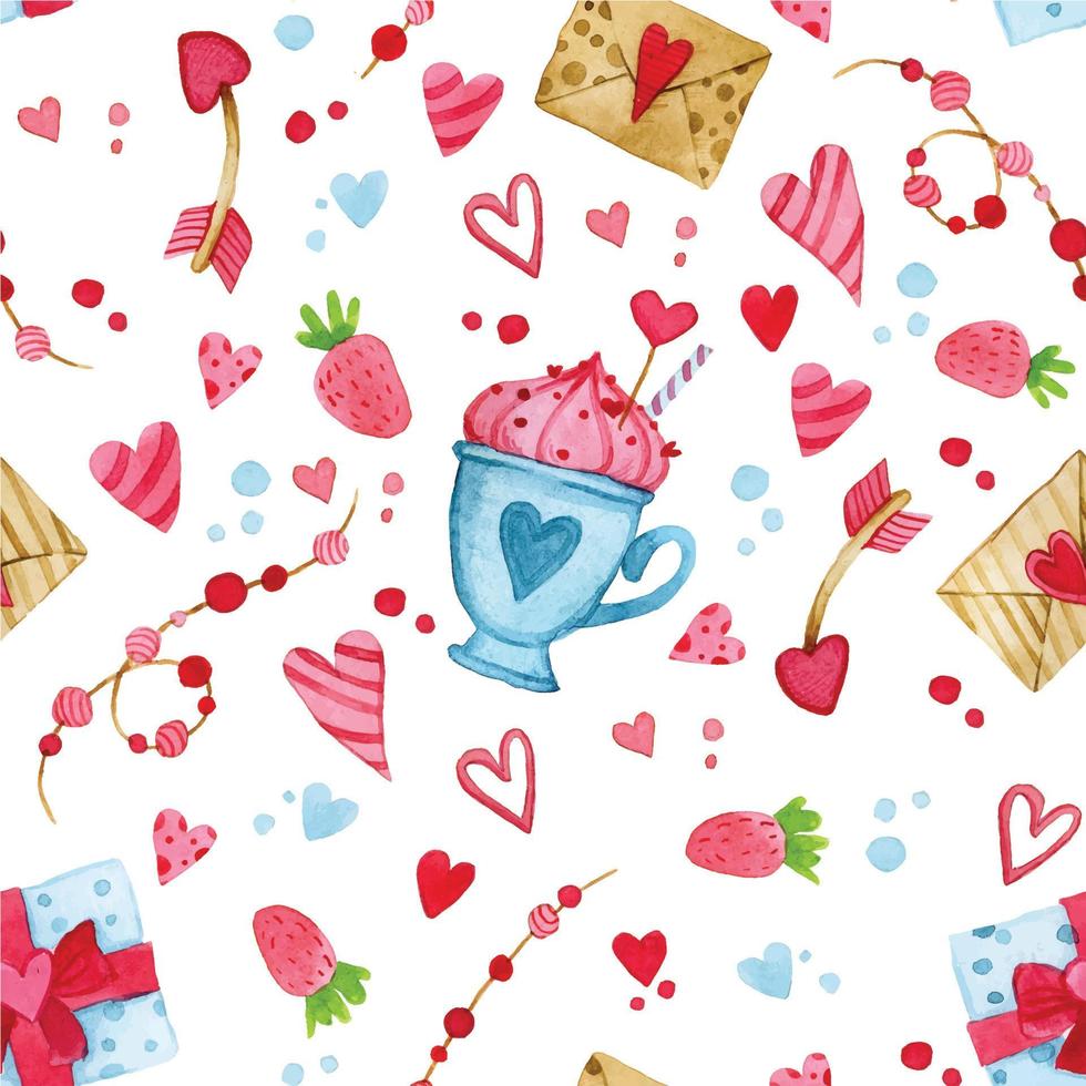 valentine's day watercolor seamless pattern. cute pink print in vintage style. hearts, garlands, letters, postcards. vector