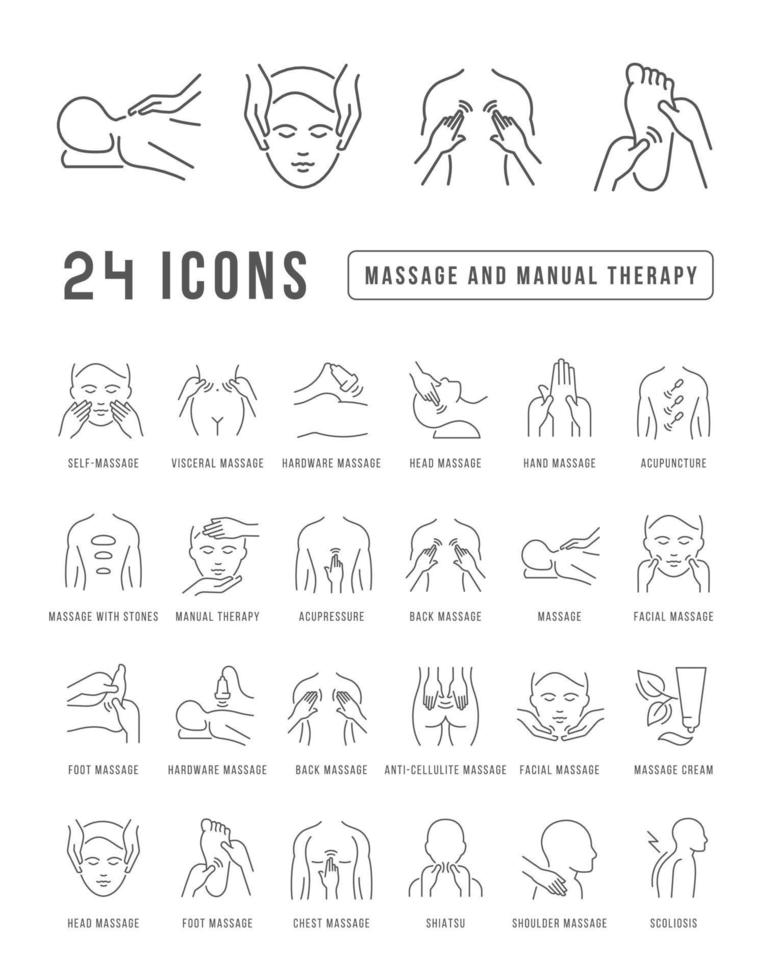 conjunto de iconos lineales de masaje y terapia manual vector