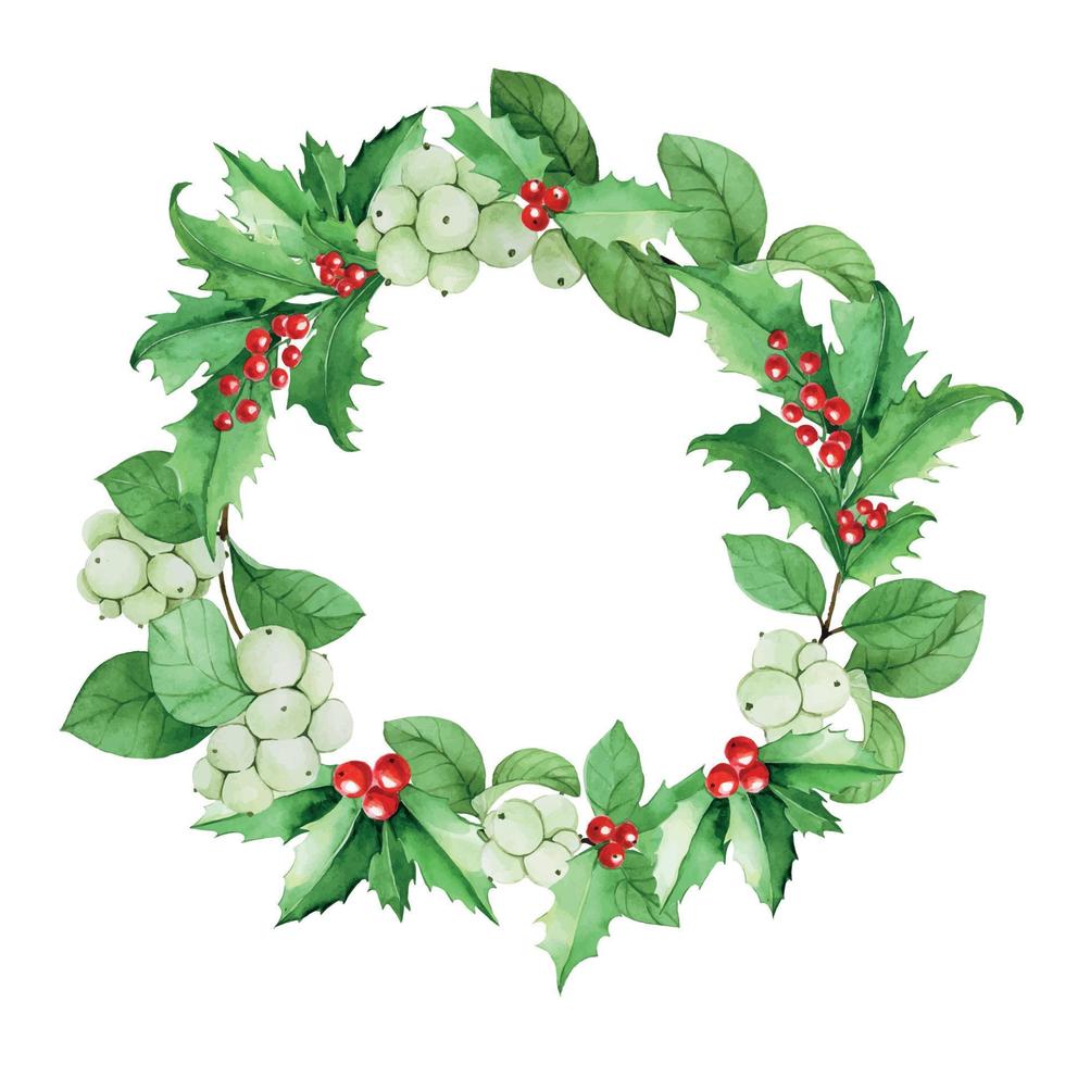 watercolor drawing christmas wreath of holly leaves and berries and snowberry. isolated on white background wreath, frame from leaves and berries. holiday christmas, new year. vector