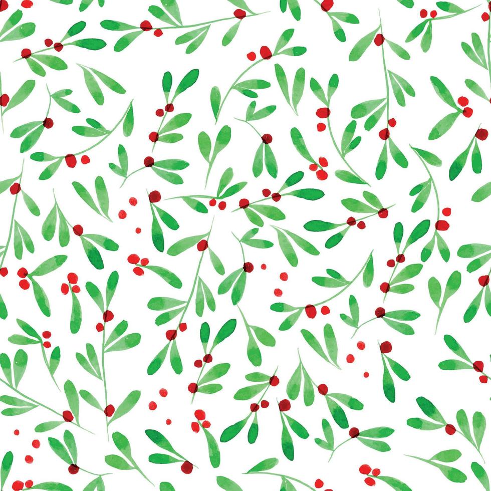 simple watercolor pattern for christmas, new year. cute green leaves and berries isolated on white background. vector