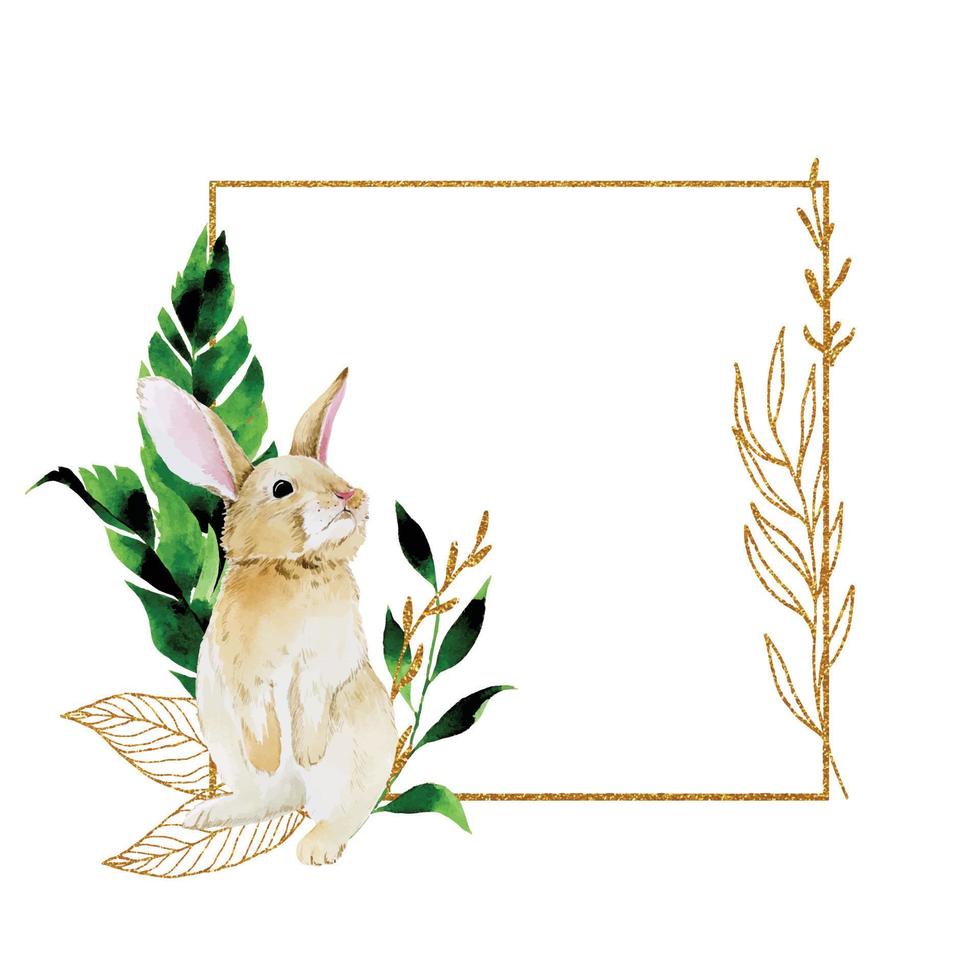 watercolor drawing. golden frame for easter. golden square frame with easter bunny and green tropical palm leaves and golden elements vector
