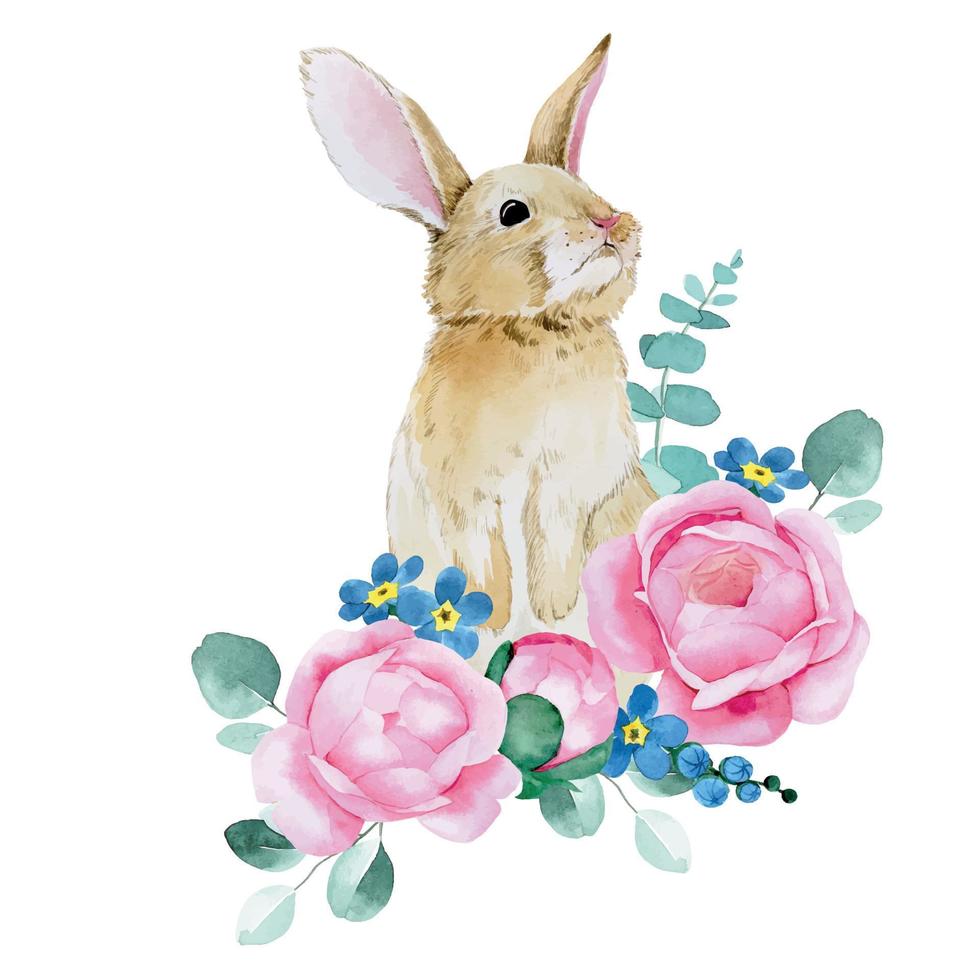 dibujo de acuarela. lindo conejito de Pascua con flores. decoración para tarjetas de felicitación, composición conejito de pascua con flores de peonía rosa y hojas de eucalipto vector