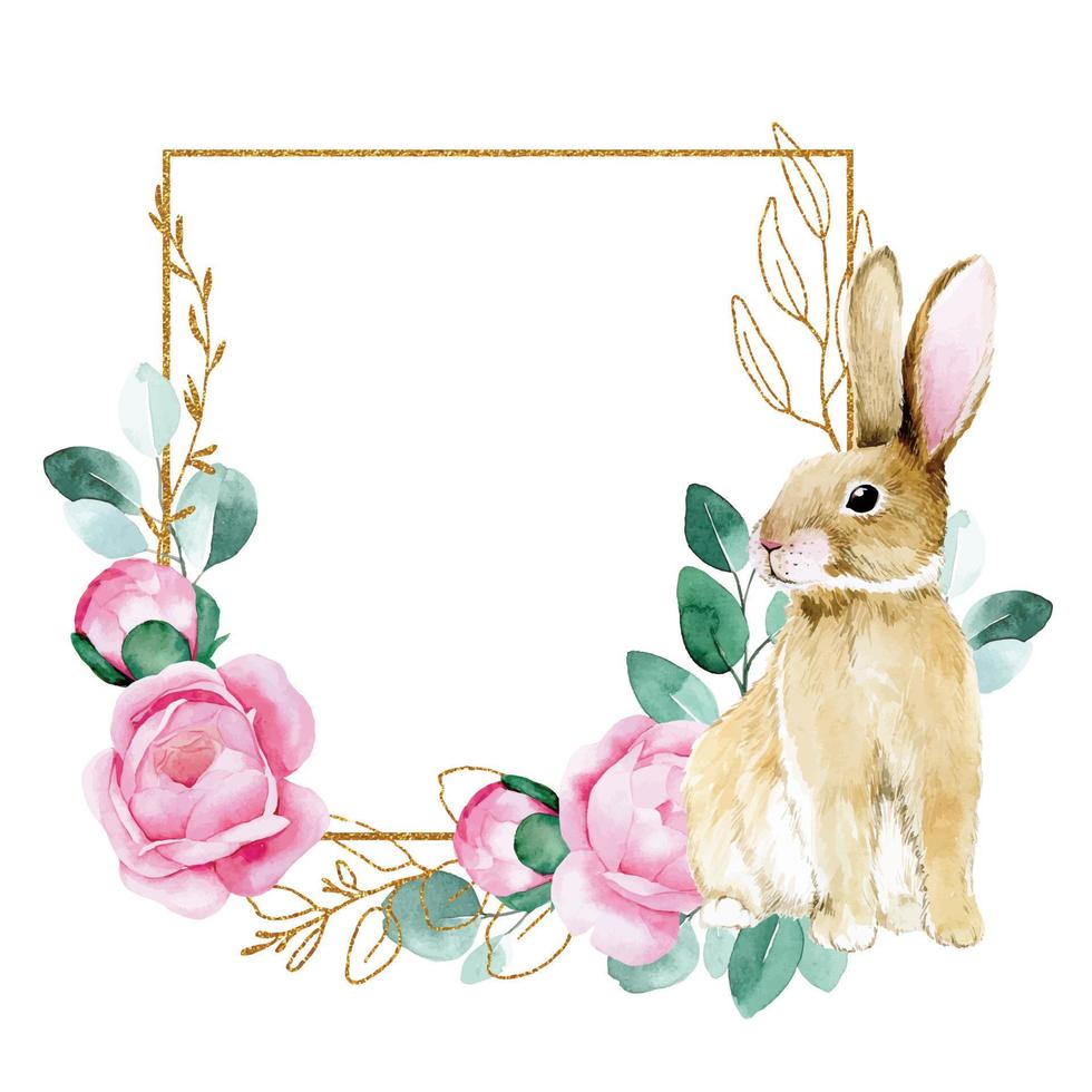 watercolor drawing. golden frame with easter bunny and flowers, golden eucalyptus leaves. decor for easter, postcard vector