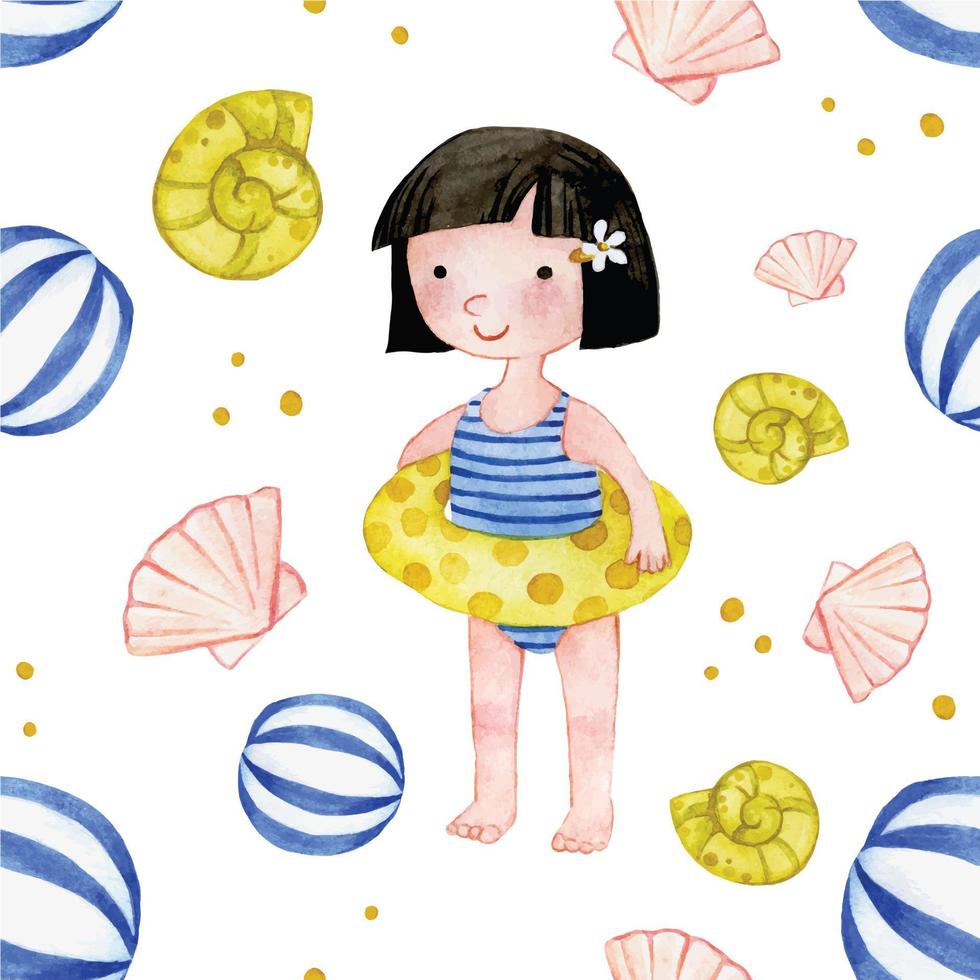watercolor seamless pattern. character girl on the beach, cute baby on the sea with a swim ring and toys vector