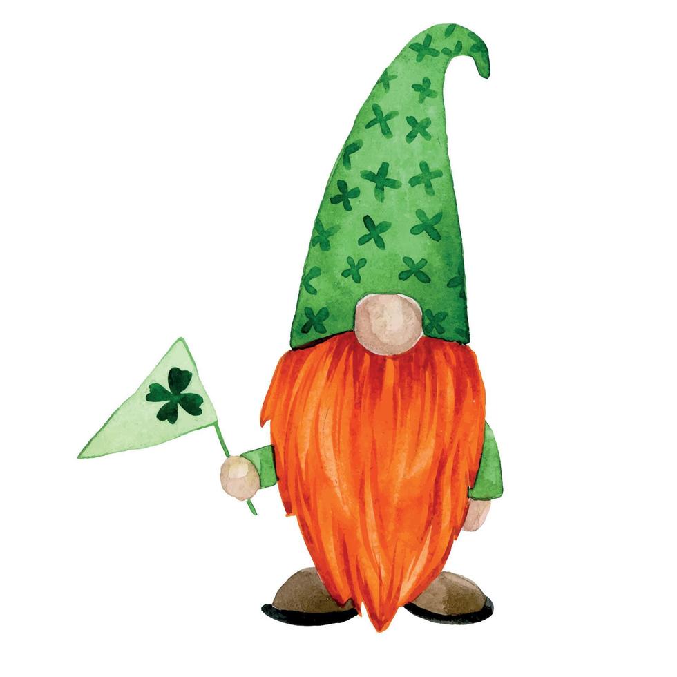 dibujo de acuarela. ilustración para el día de san patricio. lindo gnomo, duende vestido de verde con un trébol de cuatro hojas. carácter de imágenes prediseñadas. vector