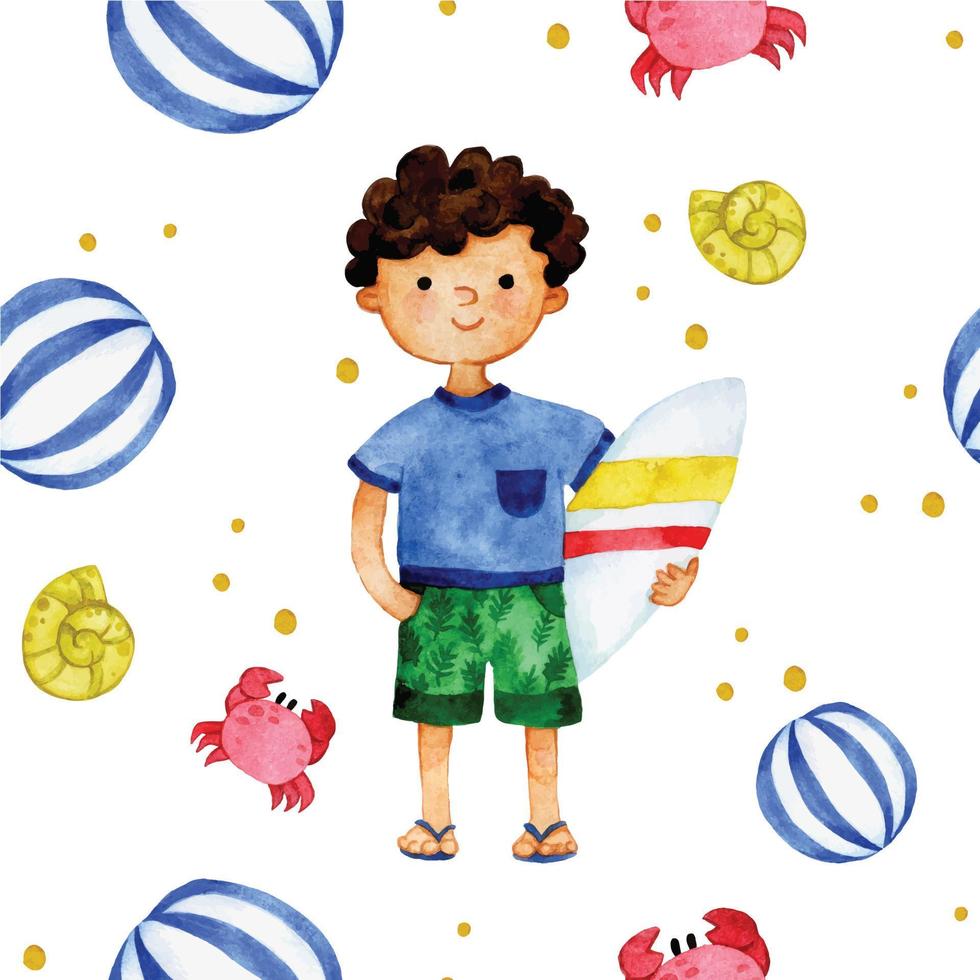 watercolor seamless pattern. character boy on the beach, cute baby on the sea with surfboard and toys vector