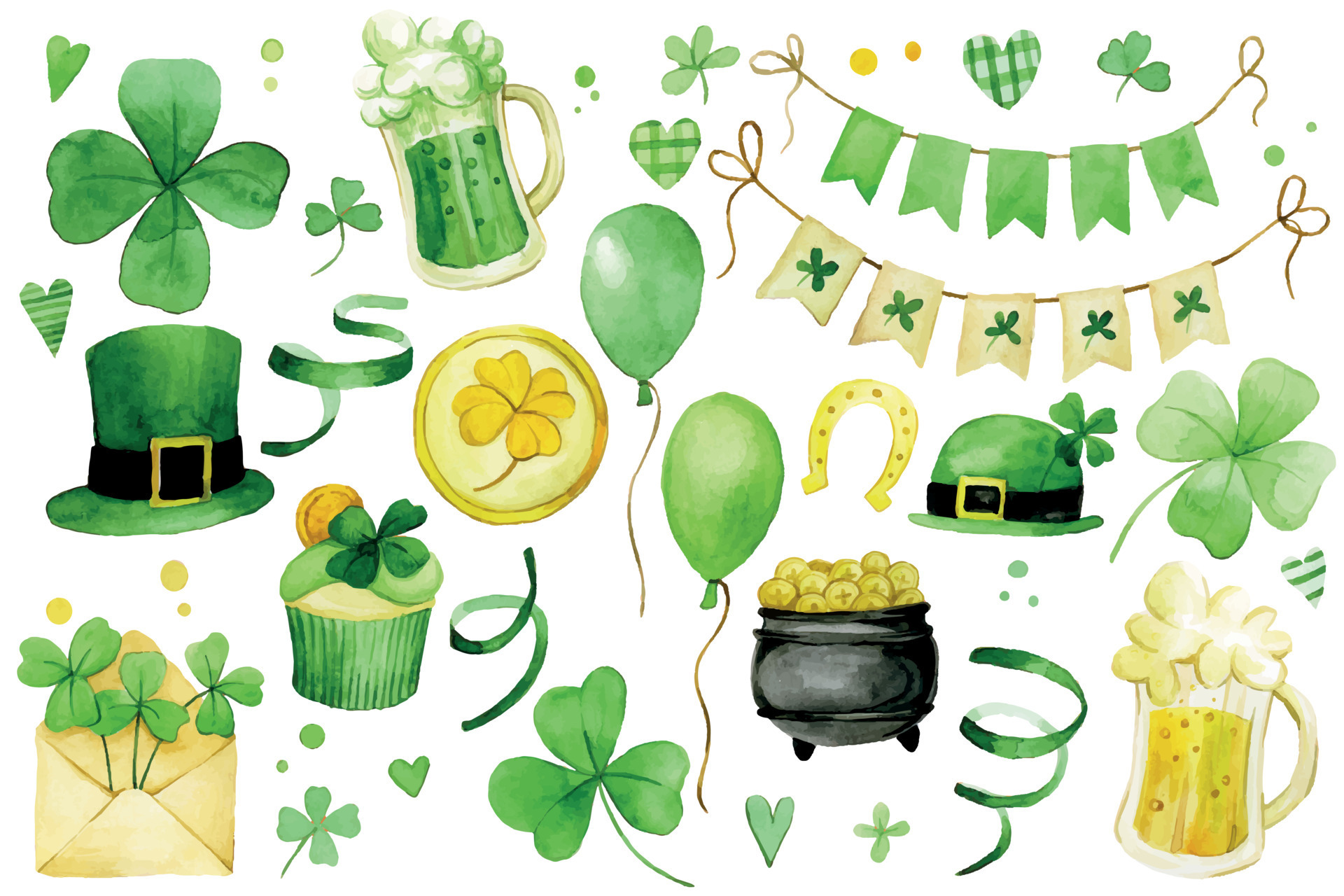 watercolor drawing. large set of cute illustrations for st patrick's
