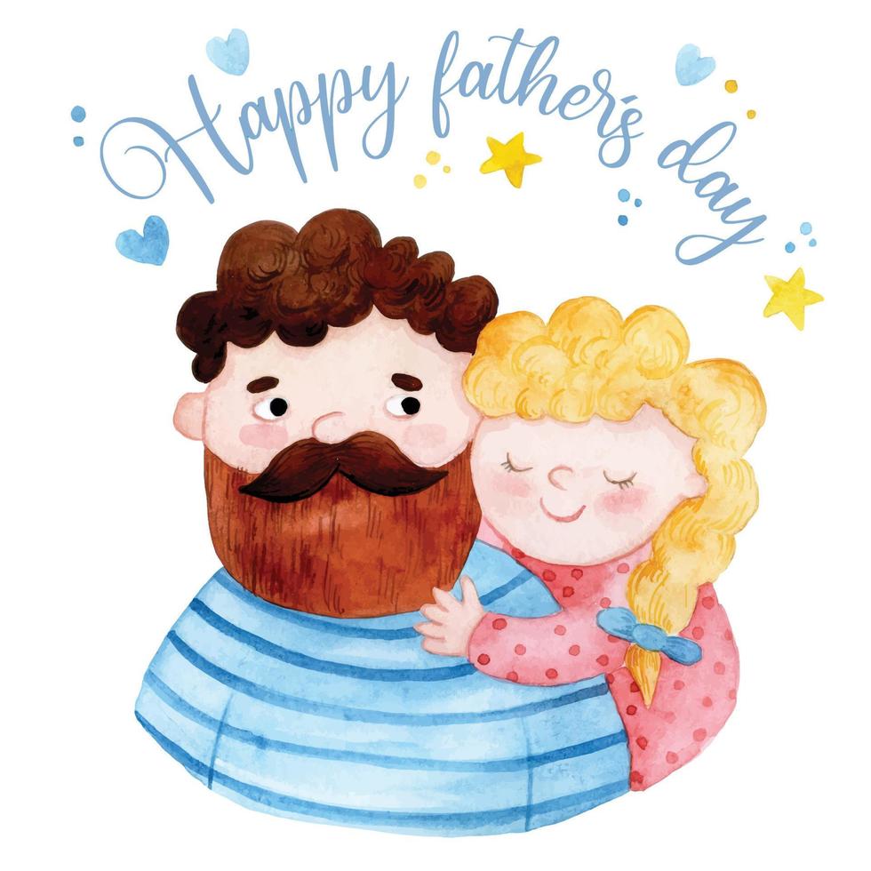 linda ilustración de acuarela. tarjeta del día del padre. padre e hija, familia. divertidos personajes de color rosa y azul. vector