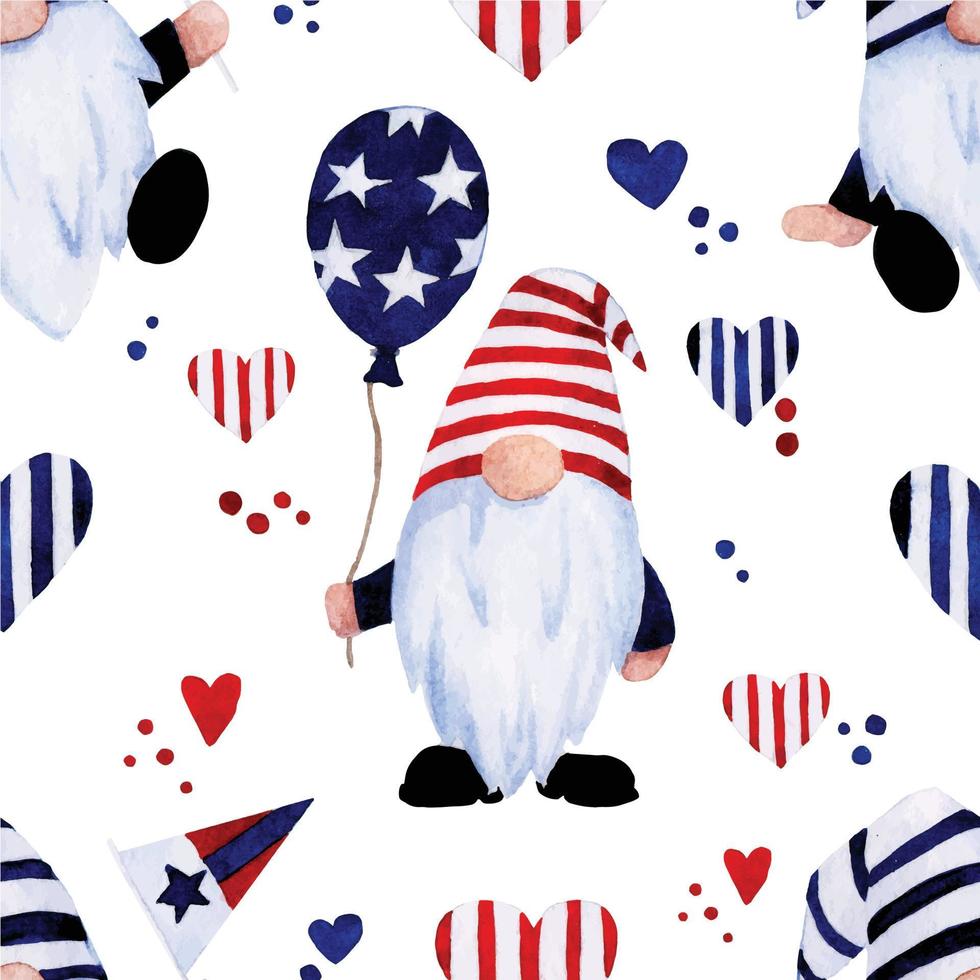 acuarela de patrones sin fisuras para el día de la independencia americana. 4 de julio, fondo festivo con globos, fuegos artificiales, banderas, gnomos vector