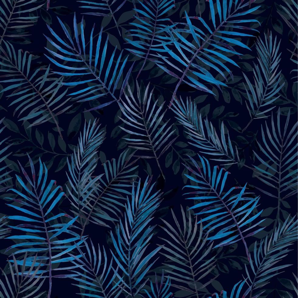 ilustración común. patrón sin costuras hojas de palmeras tropicales sobre un fondo oscuro. color azul clásico del año 2020. estampado para tela, textil, papel tapiz vector