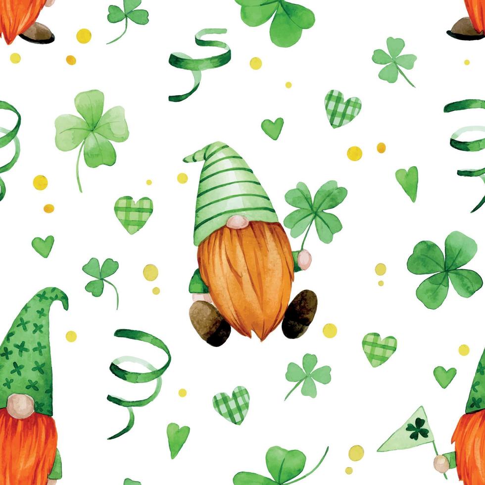 acuarela de patrones sin fisuras para st. día de San Patricio. lindo estampado con gnomos leprechauns elementos verdes, trébol de cuatro hojas sobre fondo blanco. estilo de dibujos animados de san patricio vector