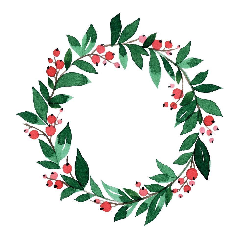 simple watercolor christmas wreath. wreath for christmas and new year from green leaves and red berries isolated on white background vector