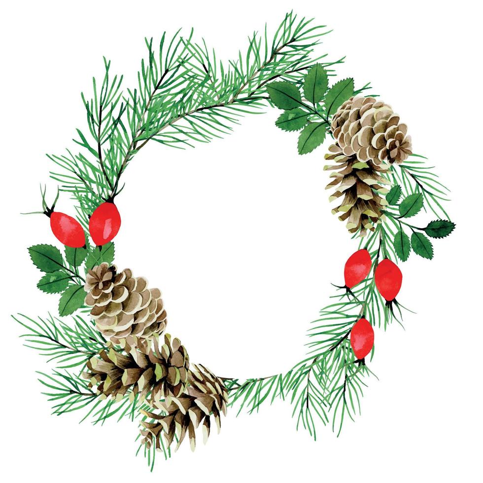 watercolor drawing christmas round frame, wreath with fir branches, cones and red berries of wild rose. decoration for New Year's, Christmas cards. vector