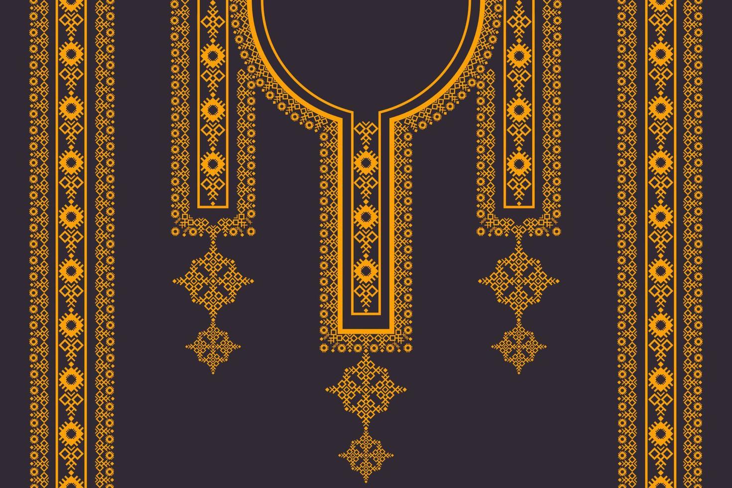 Ethnic neckline embroidery geometric pattern with border on black color background. Tribal art fashion for shirts. vector