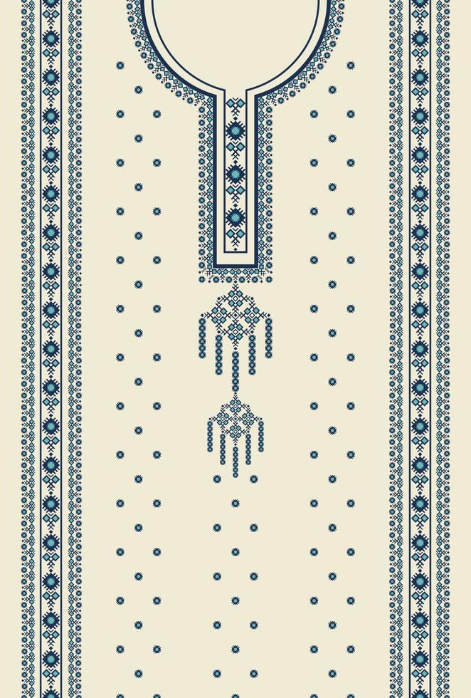 Ethnic blue color dress embroidery geometric pattern on white cream background. Tribal art fashion for shirts. vector