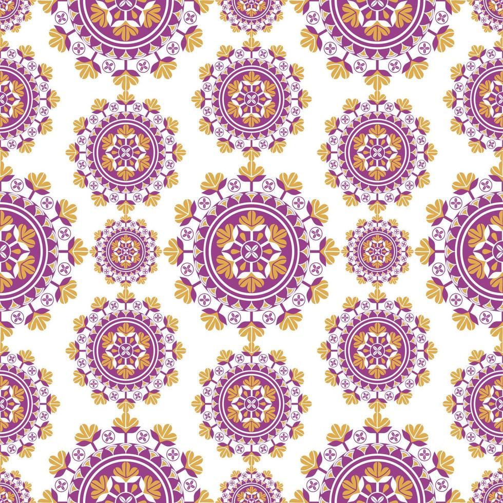 Colorful yellow-purple ethnic circle flower random shape seamless pattern background. Use for fabric, textile, interior decoration elements, upholstery, wrapping. vector