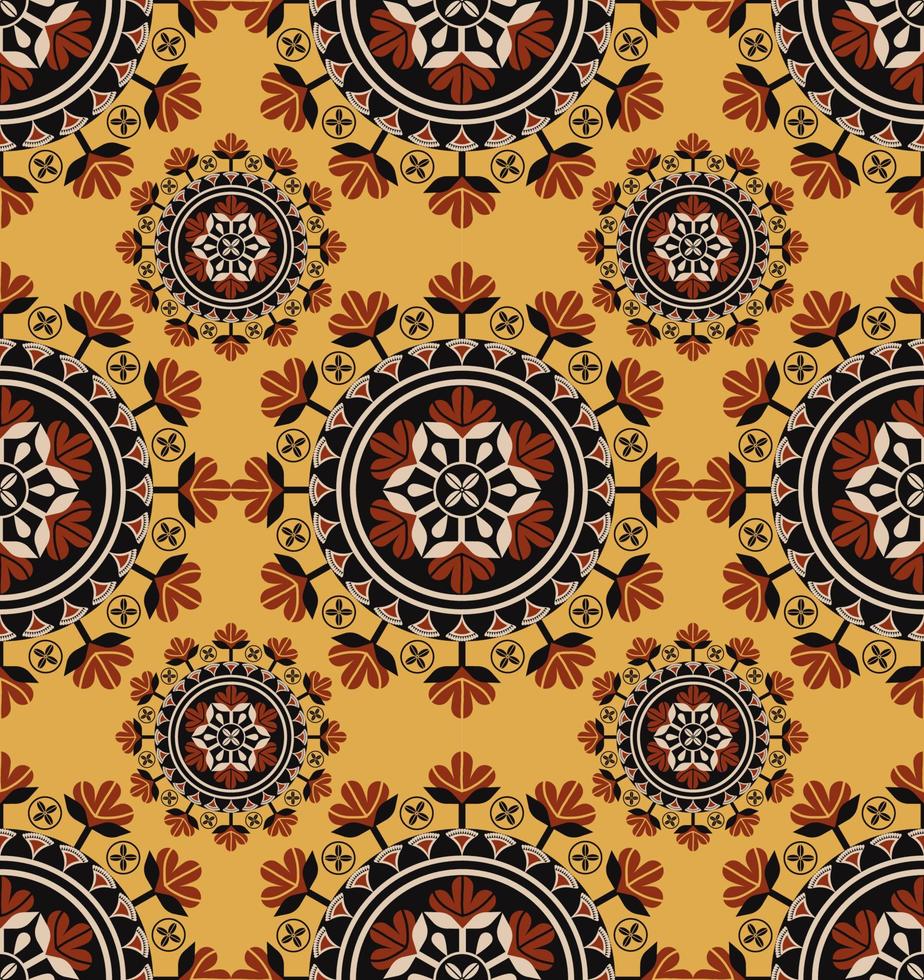 African ethnic circle flower shape seamless pattern on yellow color background. Use for fabric, textile, interior decoration elements, upholstery, wrapping. vector