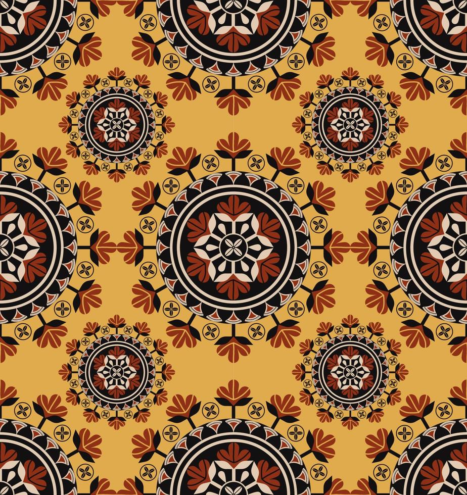 African ethnic circle flower shape seamless pattern on yellow color background. Use for fabric, textile, interior decoration elements, upholstery, wrapping. vector