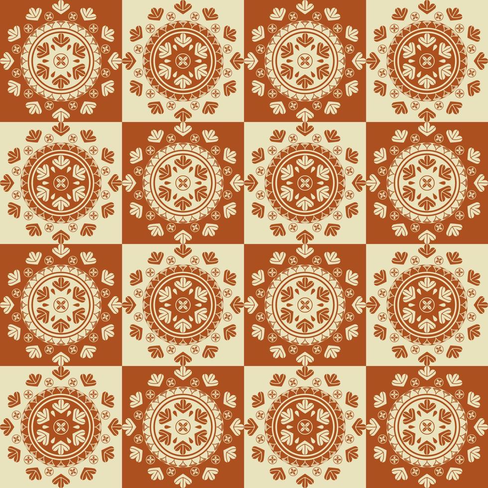 Ethnic tribal brown cream color geometric flower shape patchwork checkered seamless pattern background. Use for fabric, textile, interior decoration elements, upholstery, wrapping. vector