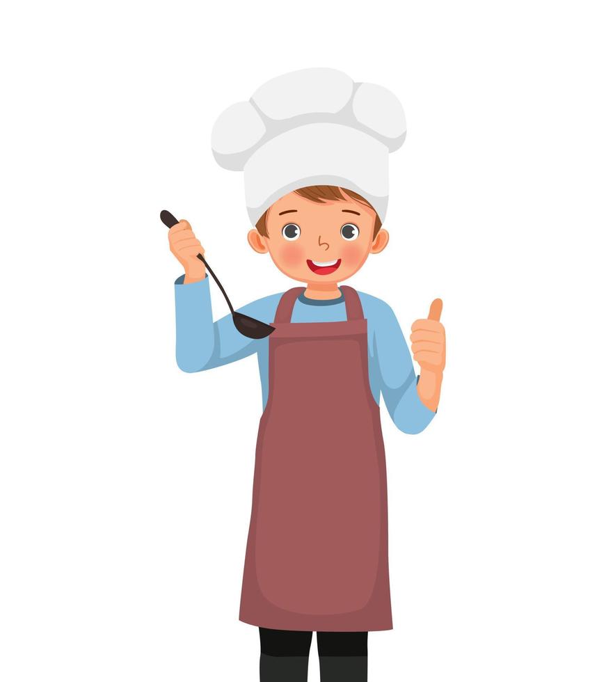 cute little boy in chef hat and apron holding ladle soup spoon showing thumb up vector