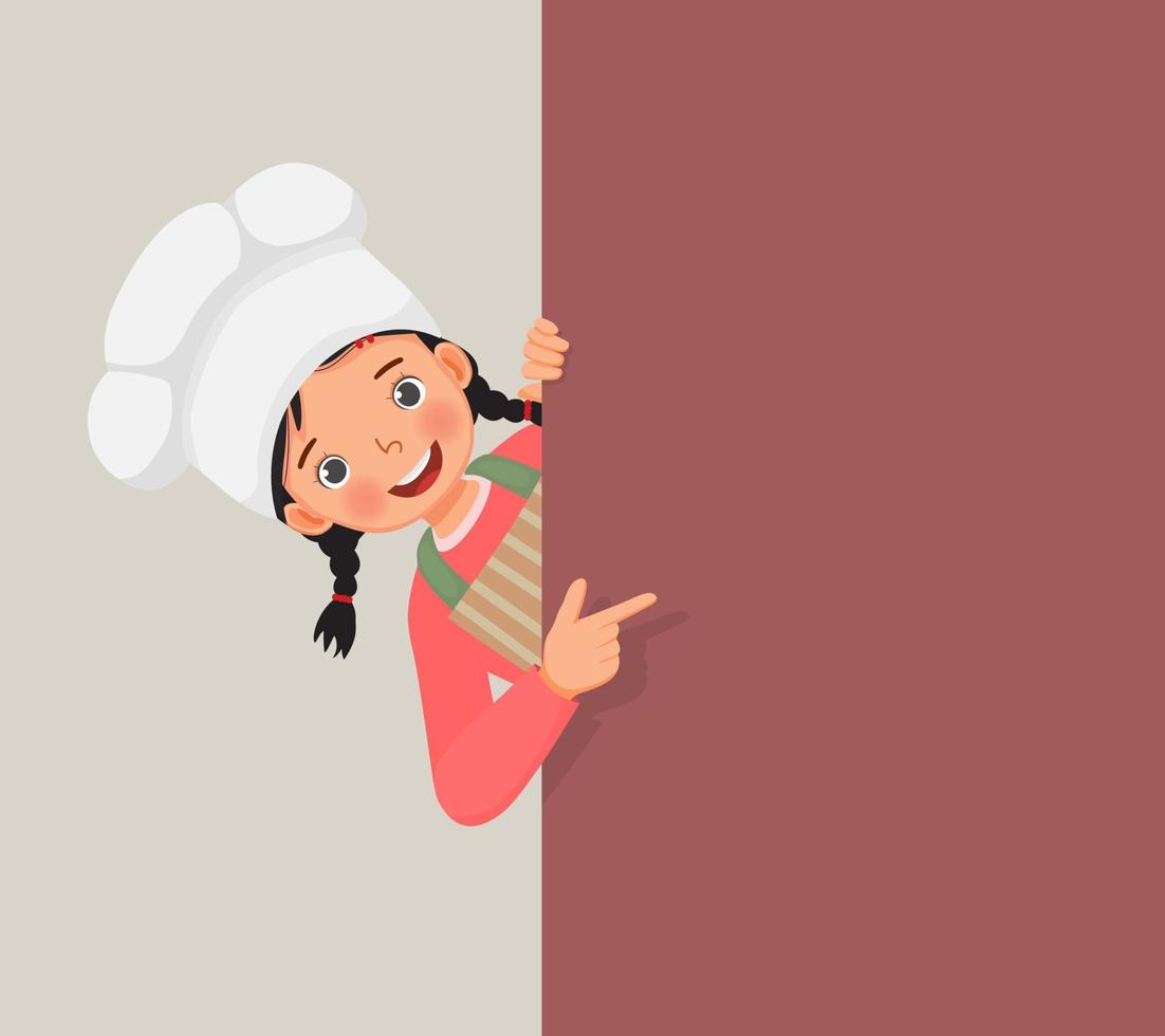 cute little girl in chef hat and apron peeking from board pointing finger to empty banner for copy space vector