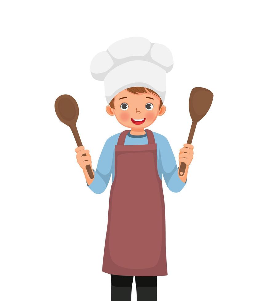 lindo niño pequeño con sombrero de chef y delantal sosteniendo utensilios de cocina espátula y cuchara de cucharón vector