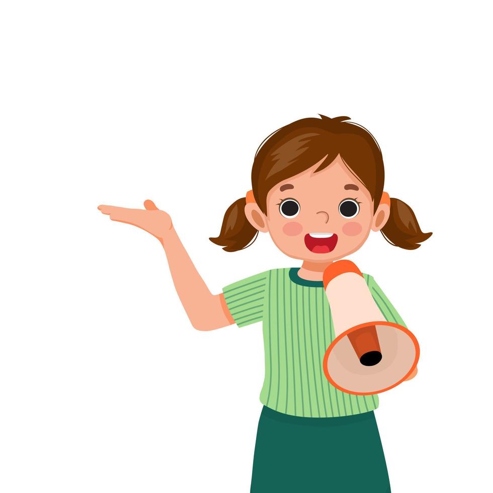 happy little girl holding megaphone speaking and shouting making announcement with hand showing for copy space vector