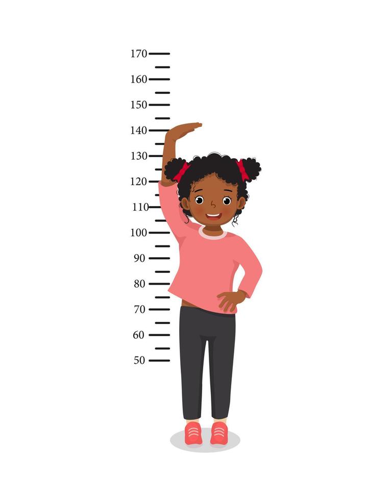 Cute Little African girl measuring height of her growth on the background of wall vector