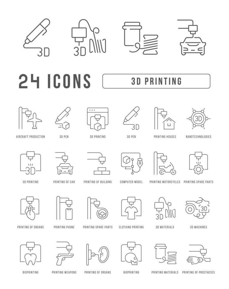 Set of linear icons of 3D Printing vector