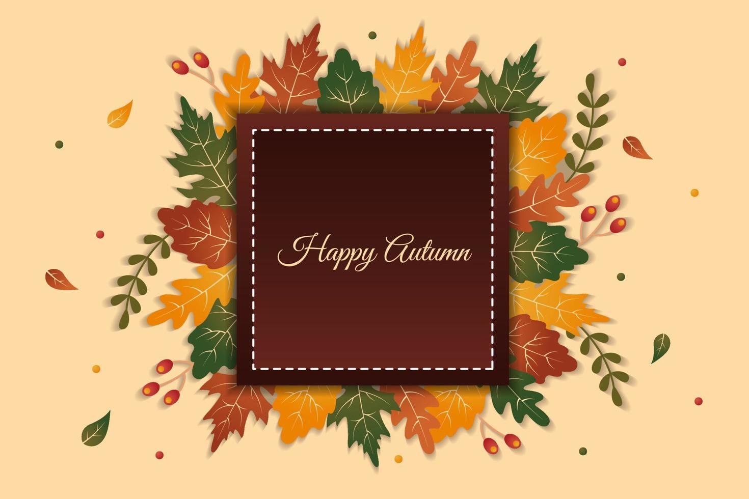 Elegant happy autumn greeting background with colorful leaves behind square shape vector