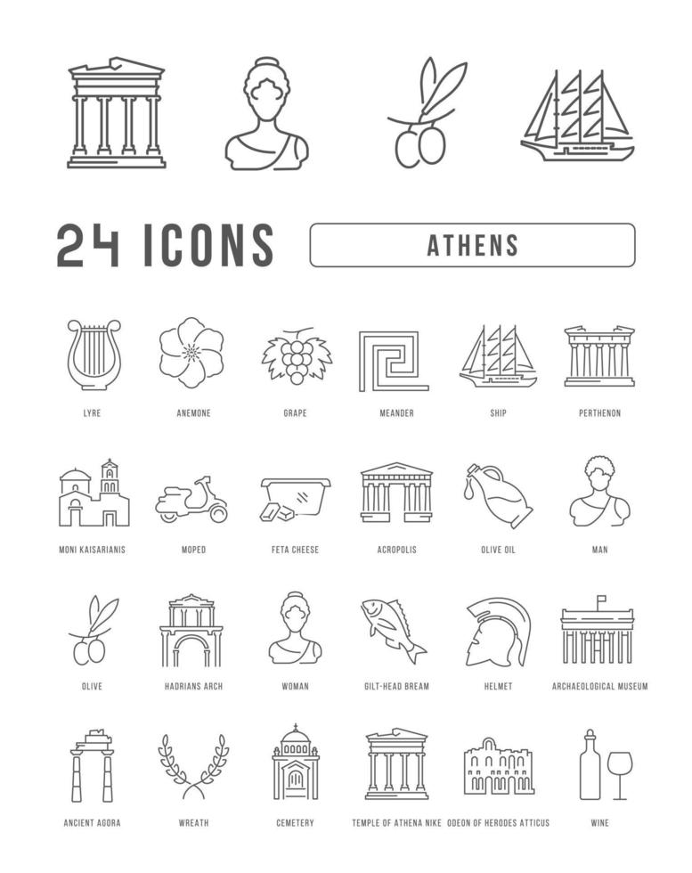 Set of linear icons of Athens vector