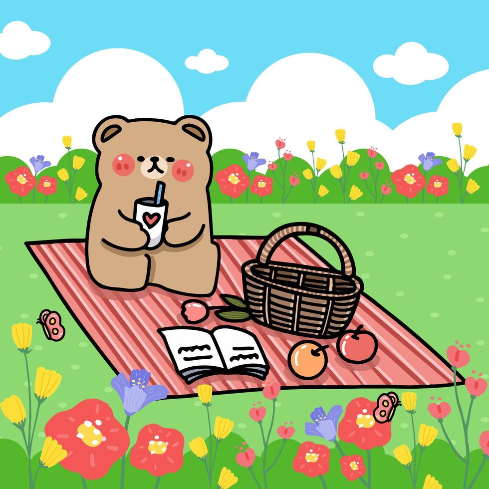 cartoon character bear picnic at flower garden, flat illustration vector