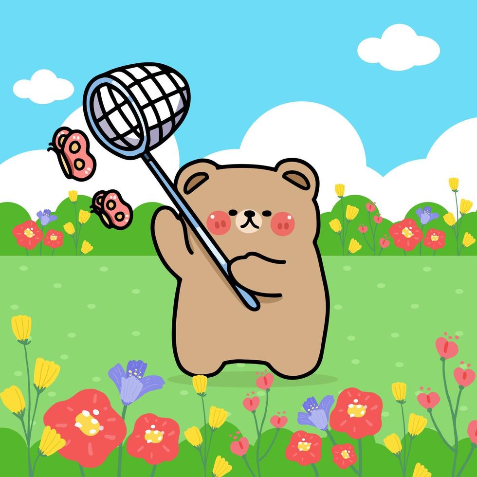 cartoon character bear walking in flower garden and catch butterflies, flat illustration vector