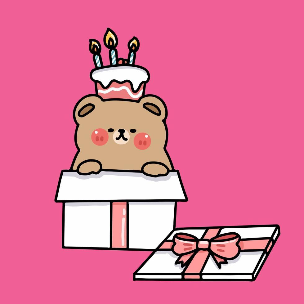 personaje de dibujos animados oso y caja de regalo, sorpresa festiva celebrar, navidad, año nuevo, concepto de cumpleaños vector de ilustración plana
