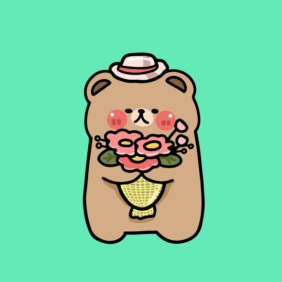 cartoon character bear holding bouquet of flowers, flat illustration vector isolated