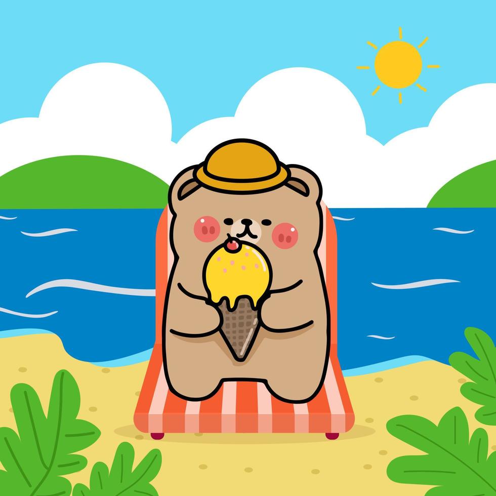 el personaje de dibujos animados oso come helado y descansa en la silla de playa en el vector de ilustración plana del mar
