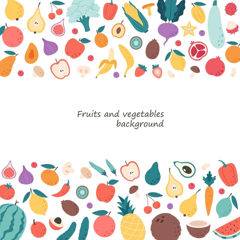 Vegetables, fruits, berries and mushrooms background. Natural organic nutrition. Healthy food vector