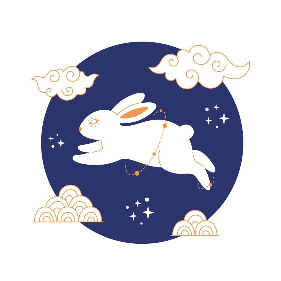 Happy Chinese New year greeting card 2023 with cute white rabbit. Year of the Rabbit. Mid autumn festival vector