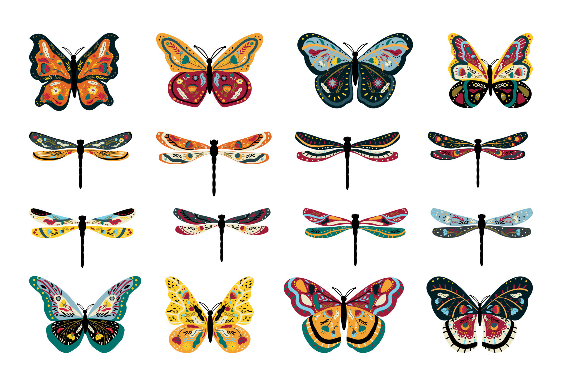 Set of Butterflies and Dragonflies with Patterns 9640174 Vector Art at