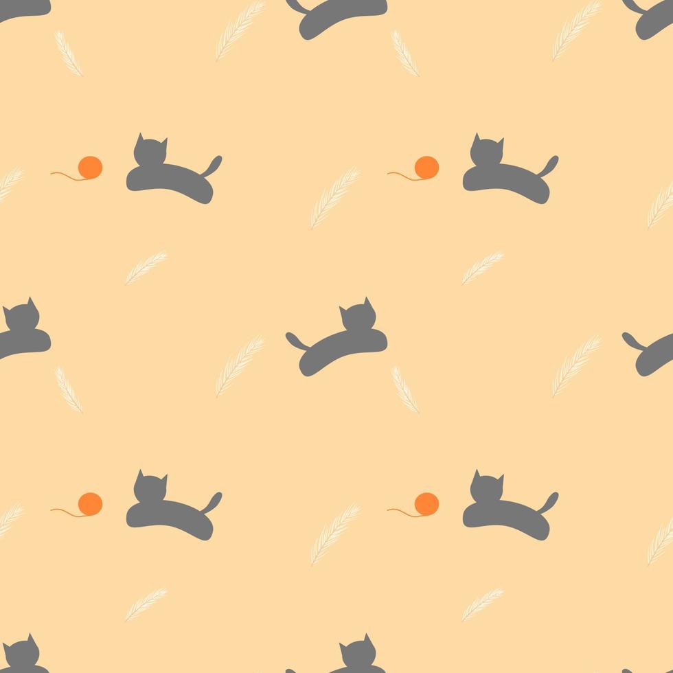 Seamless pattern of gray cat with white feather and orange knitting wool on yellow background. vector