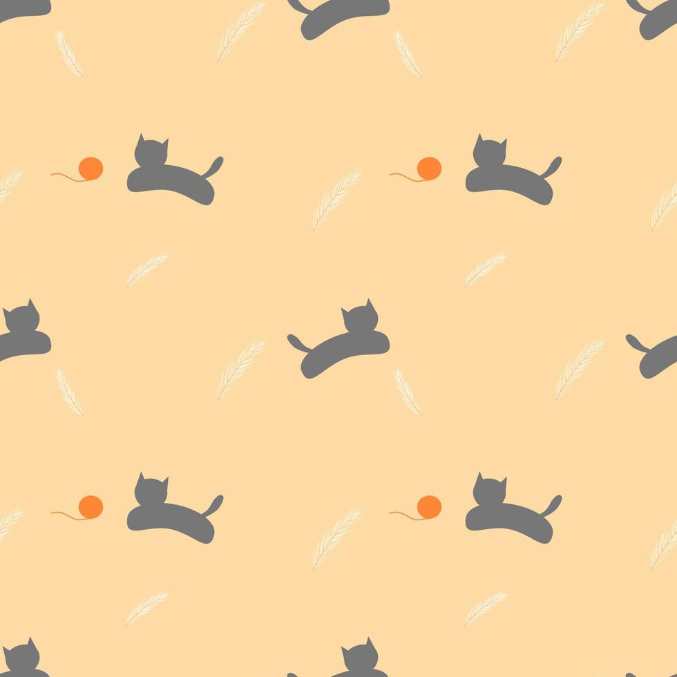 Seamless pattern of gray cat with white feather and orange knitting wool on yellow background. vector