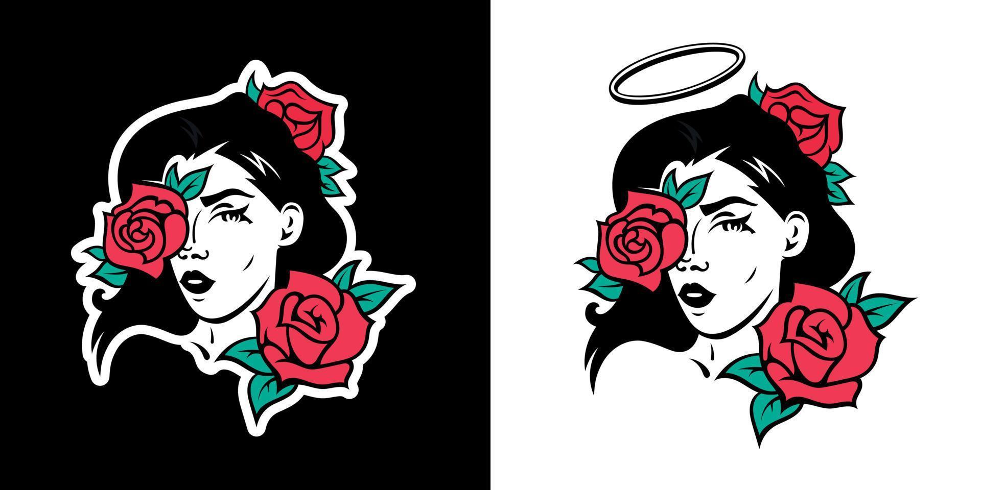 ilustraciones de chicas retro con rosas vector