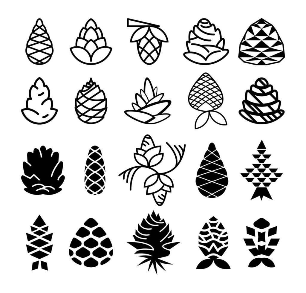 Set of Black And White Pine Cones Icons vector