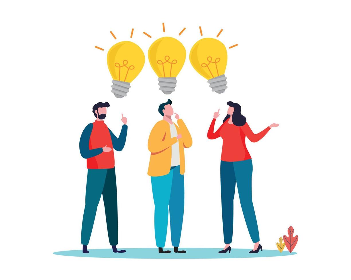 People Brainstorming for new idea, creative business ideas with a light bulbs. Business solution concept. Flat cartoon vector illustration