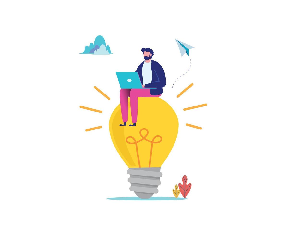 People Brainstorming for new idea, creative business ideas with a light bulbs. Business solution concept. Flat cartoon vector illustration