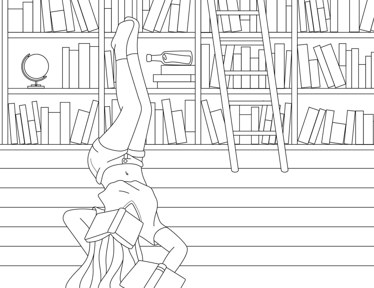 woman sleep in the library black and white coloring book outline vector illustration