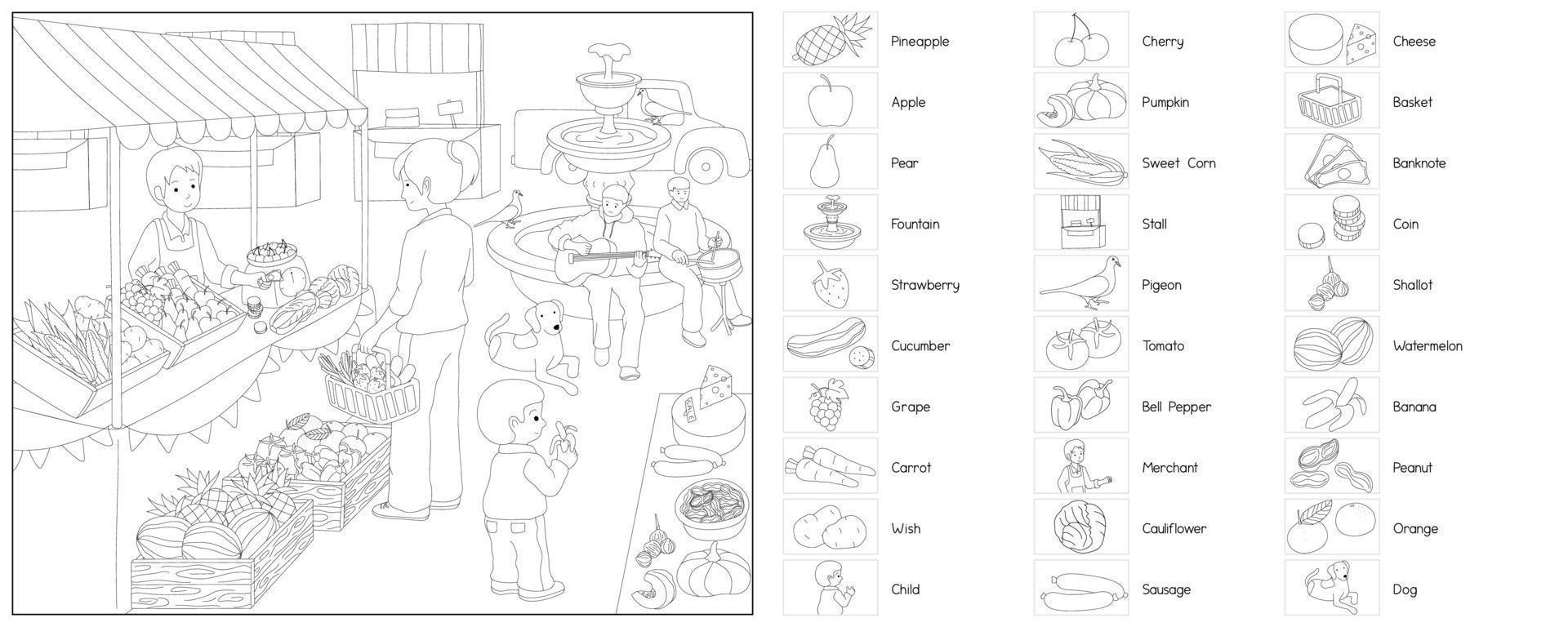 bazaar market exchange black and white coloring book outline vector illustration