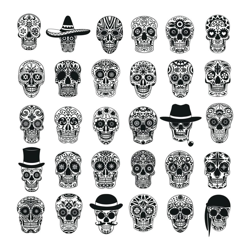 colección de calaveras mexicanas en blanco y negro vector