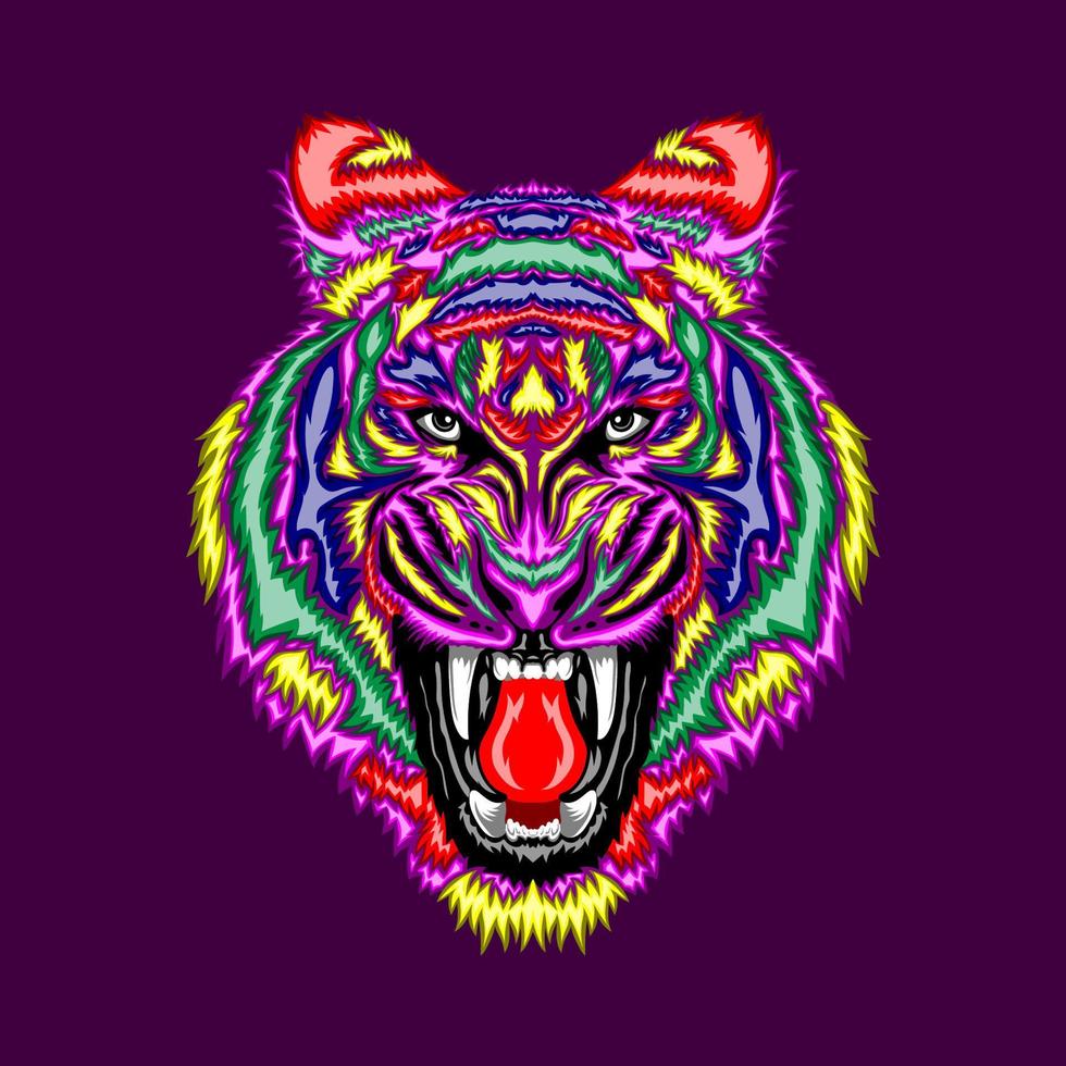 retrato de arte pop de cabeza de tigre enojado colorido vector