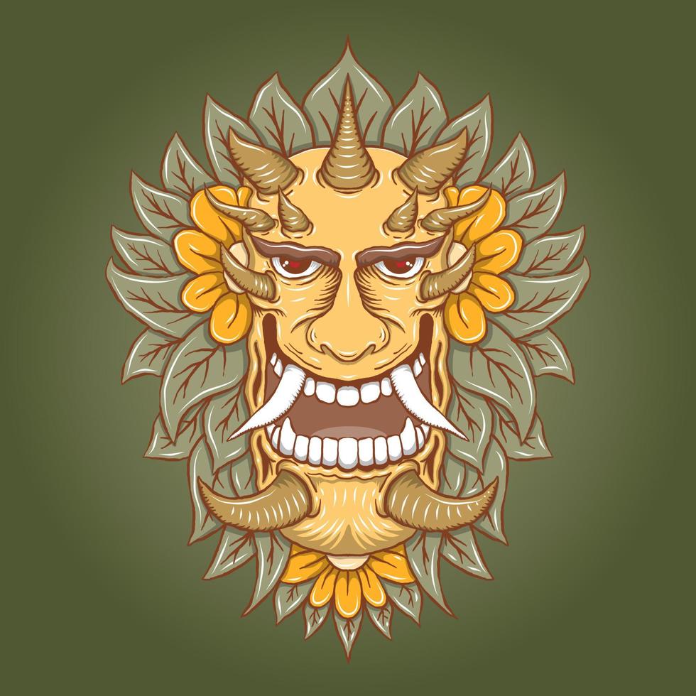 Hand drawing monster face or monster head with flowers and leaf vector